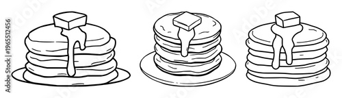 Stack of pancakes set with fluffy layers and a melting butter cube featuring breakfast, doodle, simple lines with illustration and vector