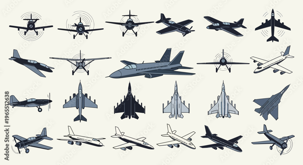 Fototapeta premium Large Set of Airplane and Fighter Jet Icons: Military Aircraft, Commercial Planes, and Vintage Propeller Models for Aviation Design and Travel Concepts