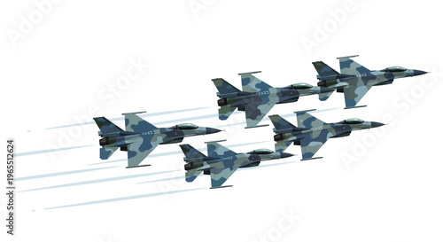 Formation of Five Modern Military Fighter Jets in Camouflage, Air Force Squadron Flying at High Speed, Digital Aviation Illustration Isolated on White
