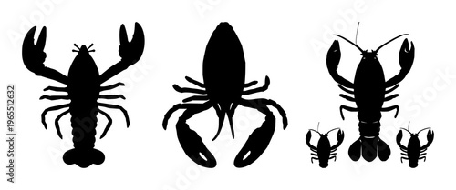 Lobster set with bold silhouette against single-color backdrop featuring marine, seafood, shellfish with black shape and vector illustration
