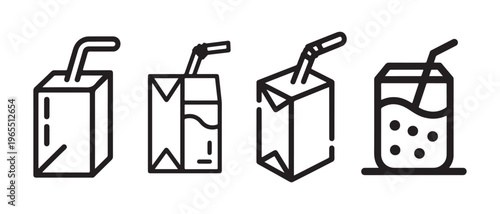 A set of four simple black line icons depicting different styles of juice boxes with a straw.