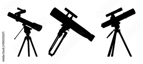 Telescope stargazing silhouette set with a single telescope silhouette against a star-filled night sky featuring night, stars, telescope with silhouette and astronomy
