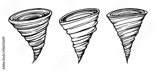 Tornado wind icon set with swirling spiral and abstract geometric lines featuring tornado, wind, storm with black and white and vector