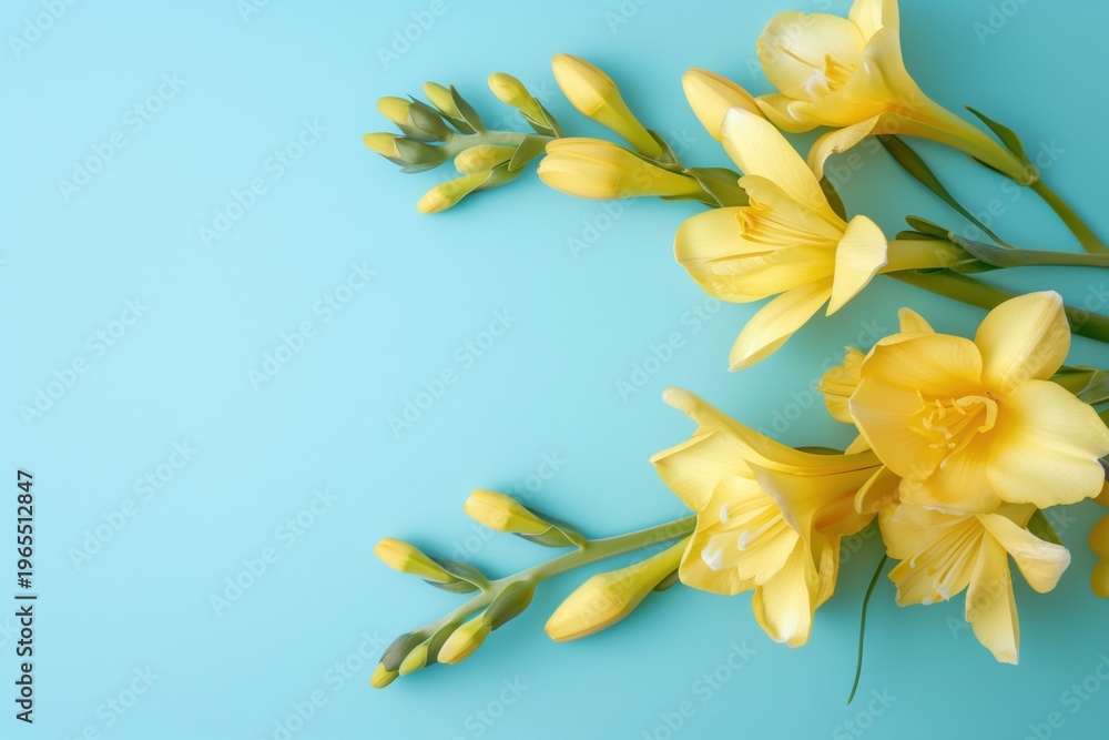 Obraz premium Yellow flowers arranged on a blue background with fresh green leaves during daylight hours in a simple setting