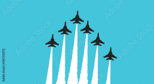 Minimalist Illustration of Jet Fighter Planes Flying in V Formation with Smoke Trails Against Blue Sky