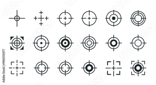 Set of Target Crosshair Icons and Reticle Symbols for Aiming, Precision UI Design, and Gaming Interfaces