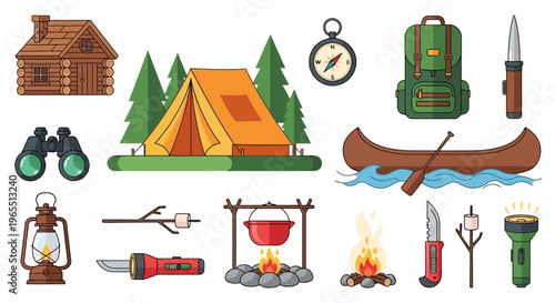 Camping and Outdoor Adventure Vector Illustration Set Featuring Tent, Backpack, Fire, Cabin, Canoe, and Wilderness Survival Gear Icons