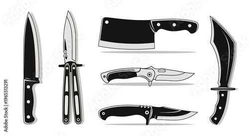 Vector Set of Professional and Tactical Knives: Chef Knife, Cleaver, Balisong, Pocket Knife, and Hunting Blade Icons