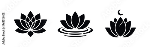 Set of three black lotus flower silhouettes on a white background, symbolizing yoga, wellness, zen, and spiritual meditation.
