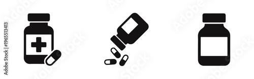 Set of minimalist black and white medicine bottle icons with capsules, ideal for healthcare, pharmacy, and medical design concepts.