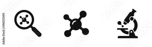 Set of laboratory and science icons featuring a microscope, magnifying glass, and molecule structure for research and biotechnology concepts.