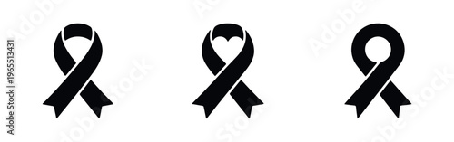 Set of three black awareness ribbon icons on a white background, including standard, heart, and circle designs for mourning and solidarity.