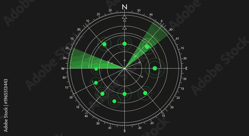 Radar Screen Interface with Green Scanning Beams and Navigation Signal Blips