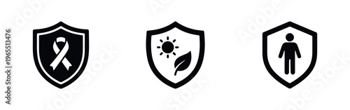 Set of three black shield icons representing cancer awareness, environmental protection, and personal safety. Simple vector graphics on white background.