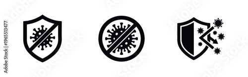 Set of black virus protection icons including shields and forbidden symbols, representing immune defense, safety, and hygiene against pathogens.