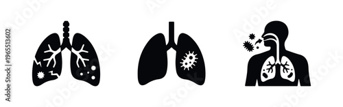 Set of black icons representing lung infection, respiratory disease, and virus transmission in the human body. Medical and healthcare symbols.