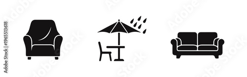 Minimalist black furniture icons featuring an armchair, a patio table with a protective umbrella, and a two-seater sofa, isolated on white.