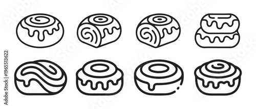A collection of eight distinct black and white line art icons depicting various cinnamon rolls.