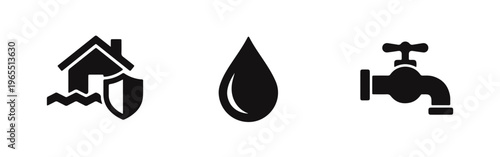 Set of black icons representing flood insurance, home water protection, a water drop, and a plumbing faucet on a white background.