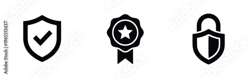 Free Download Set of security and quality assurance icons featuring a shield with a checkmark, a star badge, and a shield-shaped padlock in a minimalist style. - GFXLoad