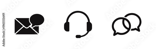 Set of customer service and contact icons including an envelope with a message, a support headset, and chat bubbles isolated on a white background.