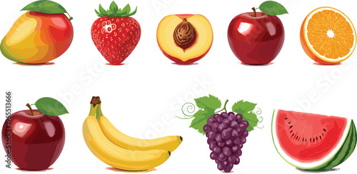 Mixed fruit vector illustration set featuring mango strawberry peach apple orange banana grapes and watermelon in colorful realistic style
