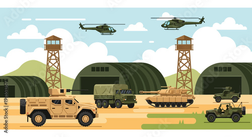 Flat Vector Illustration of a Military Base with Tanks, Helicopters, and Armored Vehicles in a Desert Camp