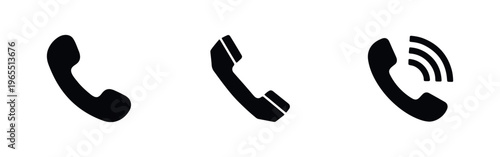Set of black telephone receiver icons in different styles, representing call, communication, and contact symbols on a white background.