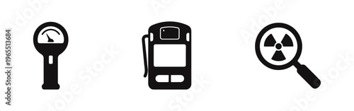 Set of black icons for radiation detection, including a handheld geiger counter, digital dosimeter, and magnifying glass with a nuclear symbol.
