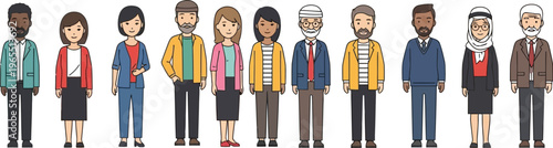 Diverse group of illustrated adults stands together showcasing.