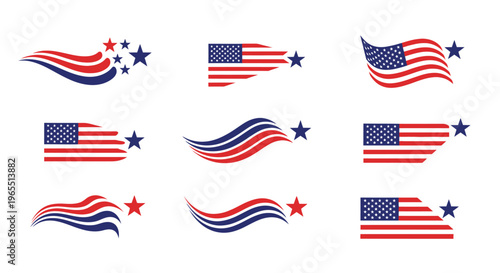 Set of Patriotic American Flag Icons and Stylized USA Logos with Stars and Stripes Swooshes for Independence Day and National Events