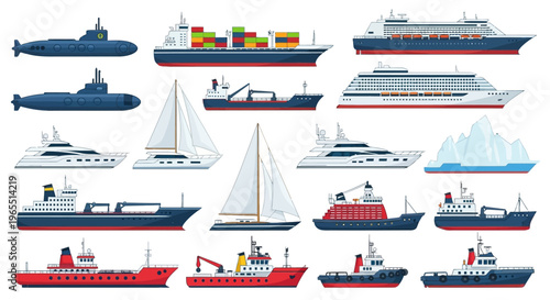 Set of Marine Vessels and Ships Vector Illustration - Cargo, Cruise, Yacht, Submarine, and Sailboat Collection