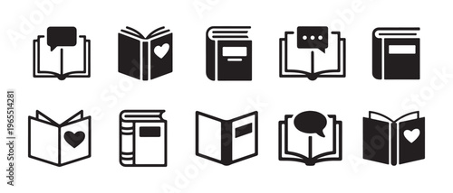 A collection of ten simple black and white vector icons representing various books and reading.
