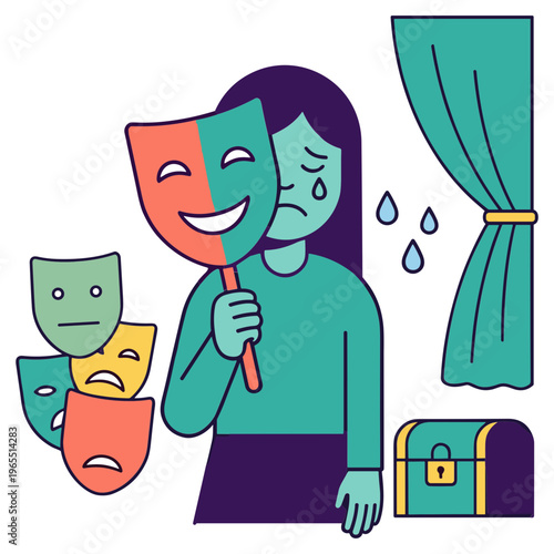 A woman holds a theatrical mask while looking sad next to a suitcase and curtain