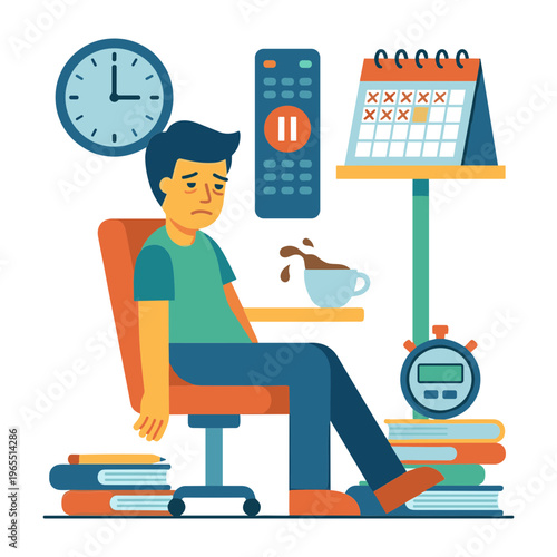 Man sitting at desk with clock calendar and books feeling stressed