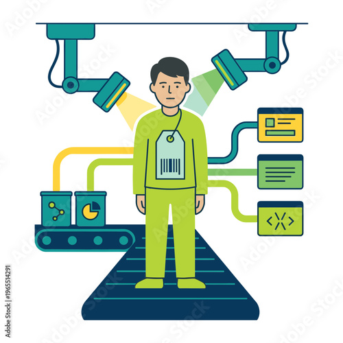 A man in a factory operates machinery with robotic arms and code symbols.