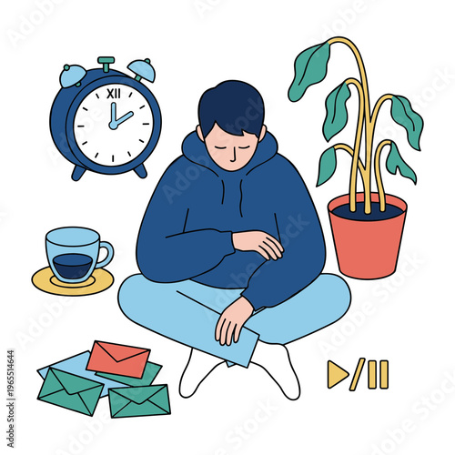 A man sits on a chair with a clock, plant, cup, and letters around him.