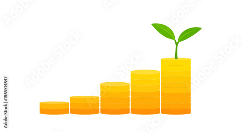 Financial Growth Concept with Increasing Coin Stacks and a Green Plant