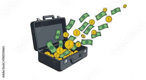 Money Flying from an Open Briefcase Full of Cash and Gold Coins