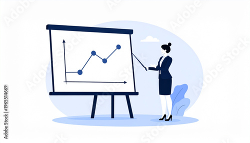 Business growth presentation concept with woman pointing at rising chart, financial analytics and data visualization illustration