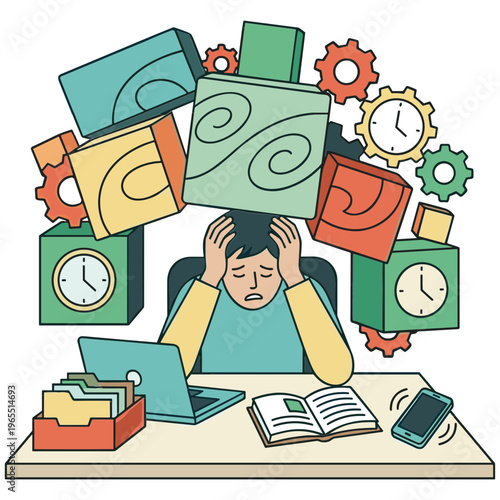 A stressed person sits at a desk overwhelmed by clocks and boxes.
