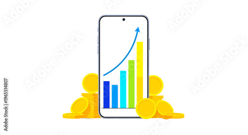Mobile Phone Displaying a Financial Growth Chart with Stacks of Gold Coins