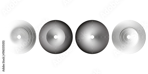 Black concentric circle set. Sonar or sound wave ring collection. Halftone and linear epicentre, target, radar icon concept. Ripple radial signal or vibration elements. Vector line and dotted symbols