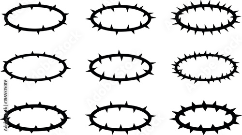Set of nine black spiky circular frames icons vector illustration isolated on white background minimal design