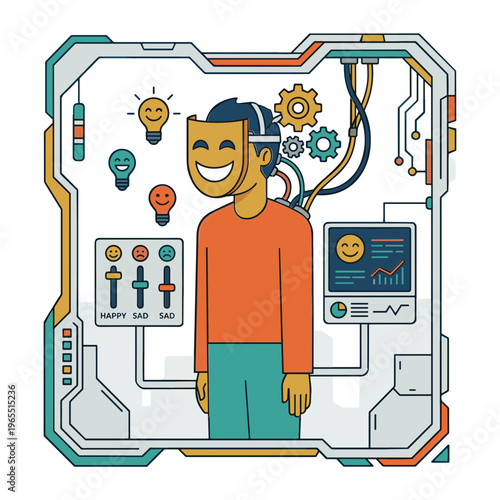 A smiling man wearing a headset with colorful lightbulbs and gears around him in a technological environment.