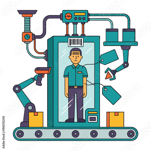 A man is scanned by robotic arms in a futuristic industrial facility setting.