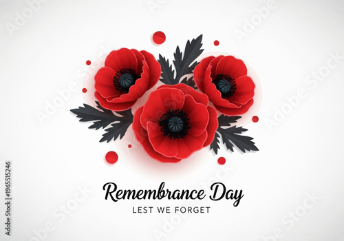 Remembrance Day Banner with Red Poppies and Lest We Forget Text, 3D Paper Cut Style Flower Illustration for Veterans Day, Anzac Day or Memorial Day