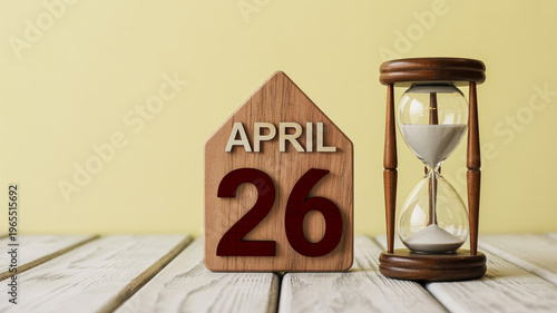 Wooden date marker and hourglass on a whitewashed wood surface for time management concepts
