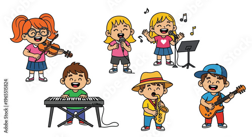 Children happily performing music with various instruments in a colorful scene