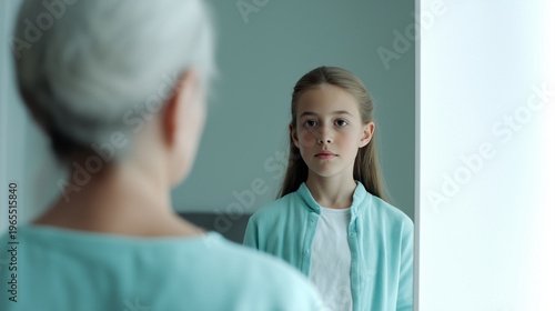 Senior woman looking at reflection of herself as a young girl in mirror, contemplating youth, memory, growing up, and the passage of time